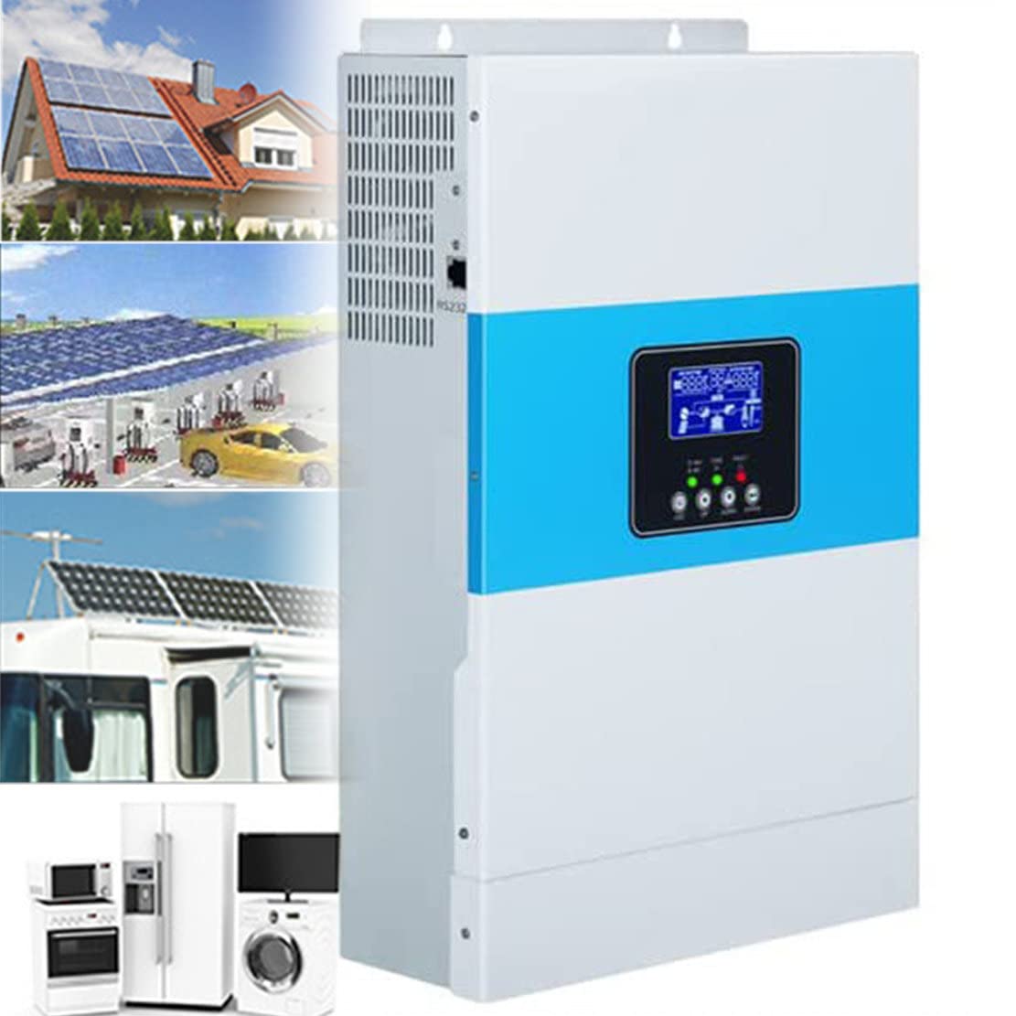 Regolatore di carica solare 3500W/5500W, inverter solare ibrido 24VDC 230VAC Ingresso fotovoltaico massimo 80A 500VDC, inverter di potenza a onda sinusoidale pura per elettrodomestici, PC, camper, 3