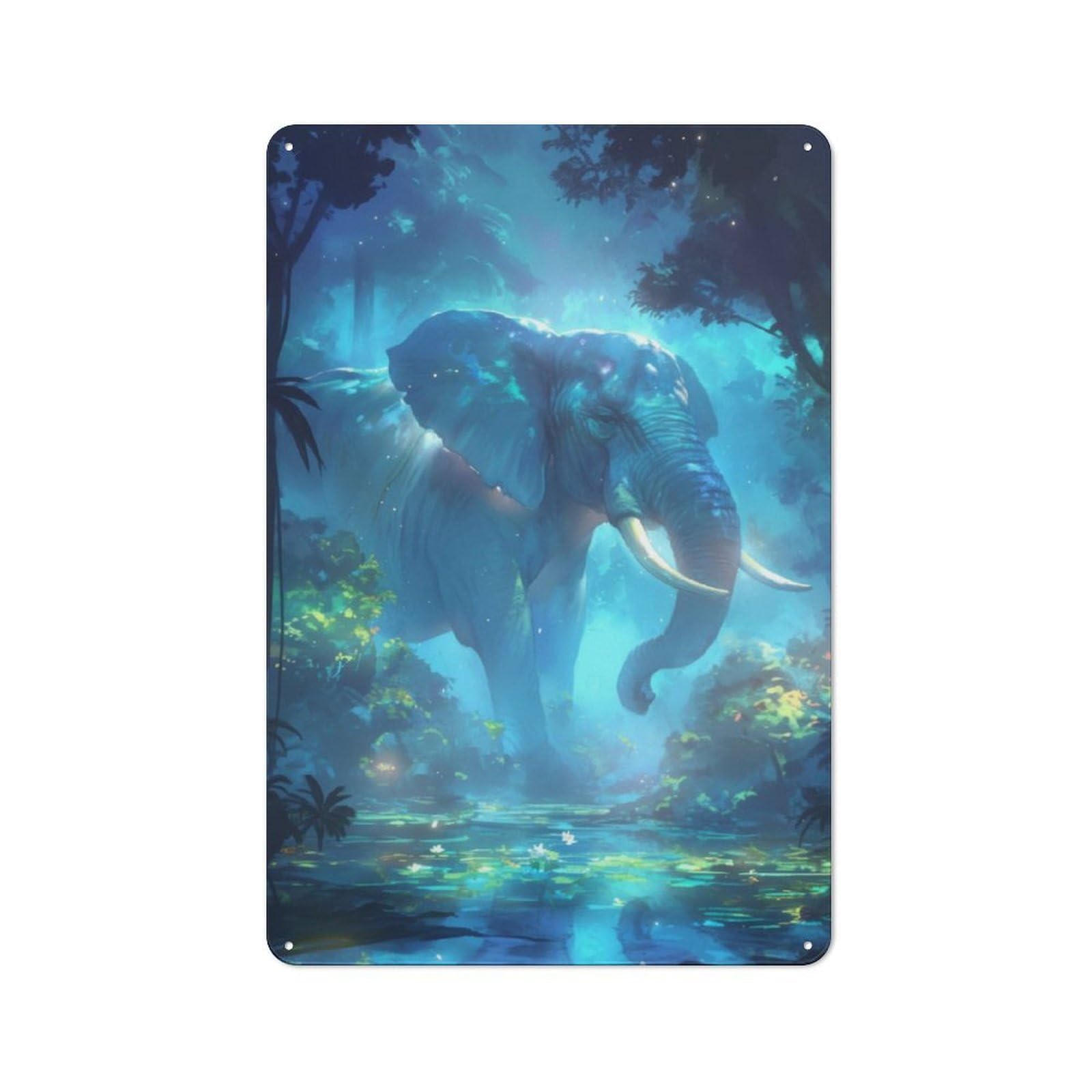 Junmoney Blue Elephant In Forest Tin Sign 30X20cm For Living Room Wall, Rustic Wall Decor, For Living Room Decor Lovers