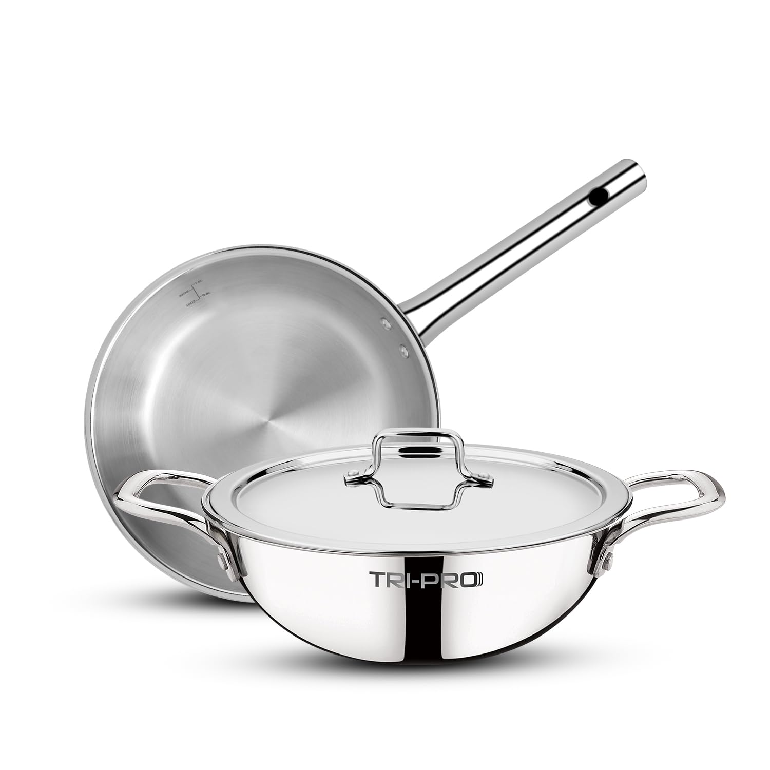 Bergner BE Essentials TriPro TriPly Stainless Steel 3 Pcs Cookware Set - Kadai 22cm (2.5 L) and 22cm (1 L) Frypan with a Common Stainless Steel Lid, Less Oil Use, Healthy Cooking - Induction Bottom-picture-10
