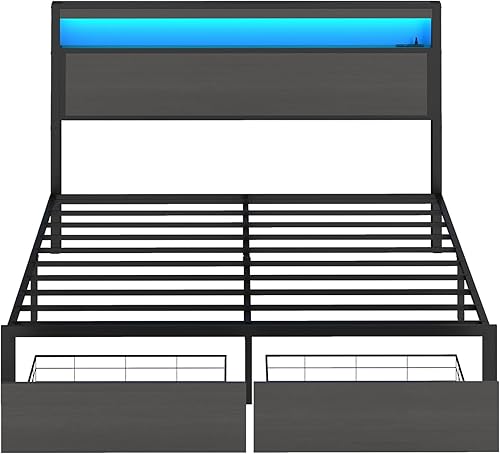 Miniatura 9 de SADENICEL Base de cama de tamaño matrimonial con almacenamiento, plataforma de cama de madera LED con cabecero, 2 cajones, estación de carga, no
