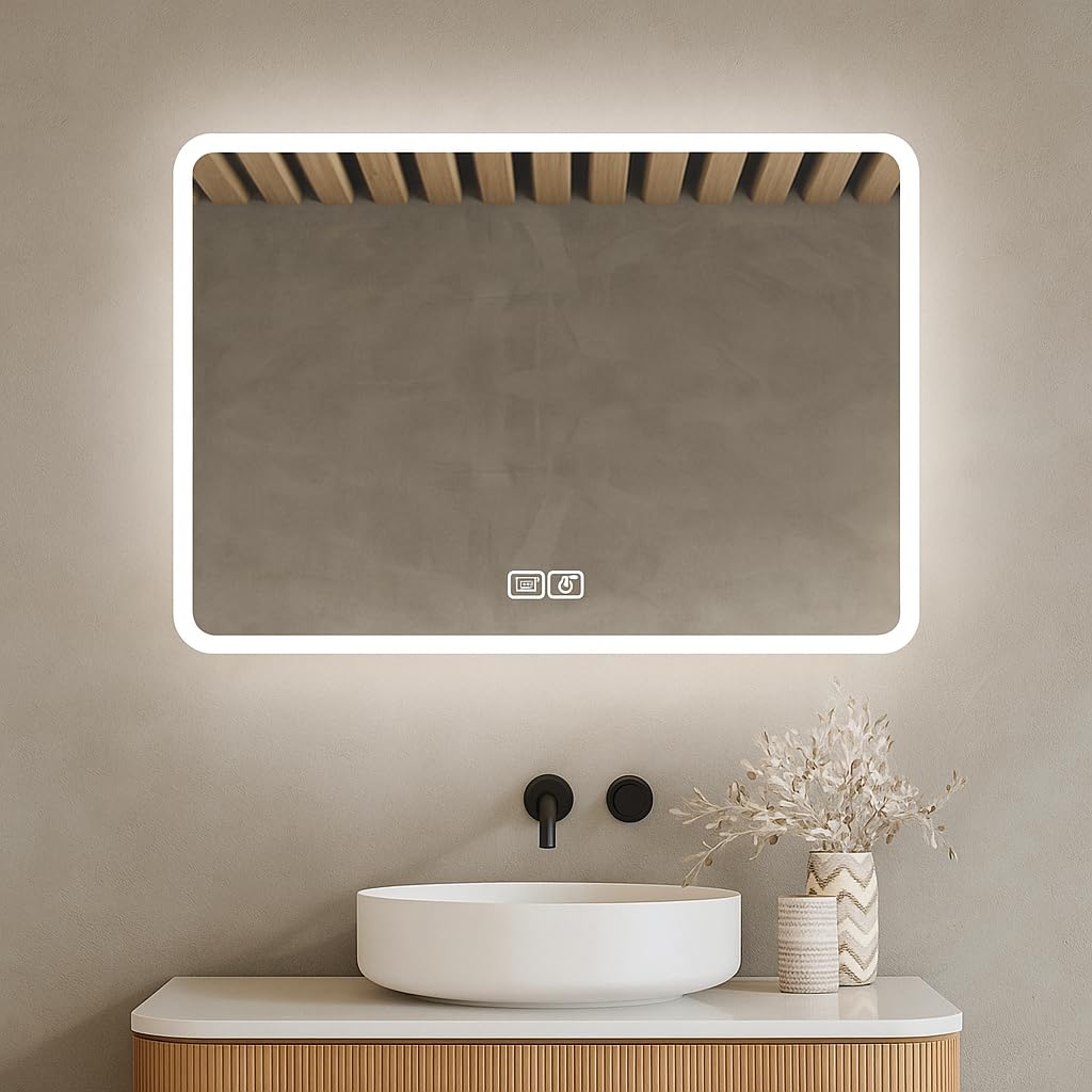 Bayt Miroir LED Salle de Bain 75 x 52 cm, Miroir de Salle de Bain avec Éclairage, 3 Modes de Lumière, Antibuée, Miroir Mural