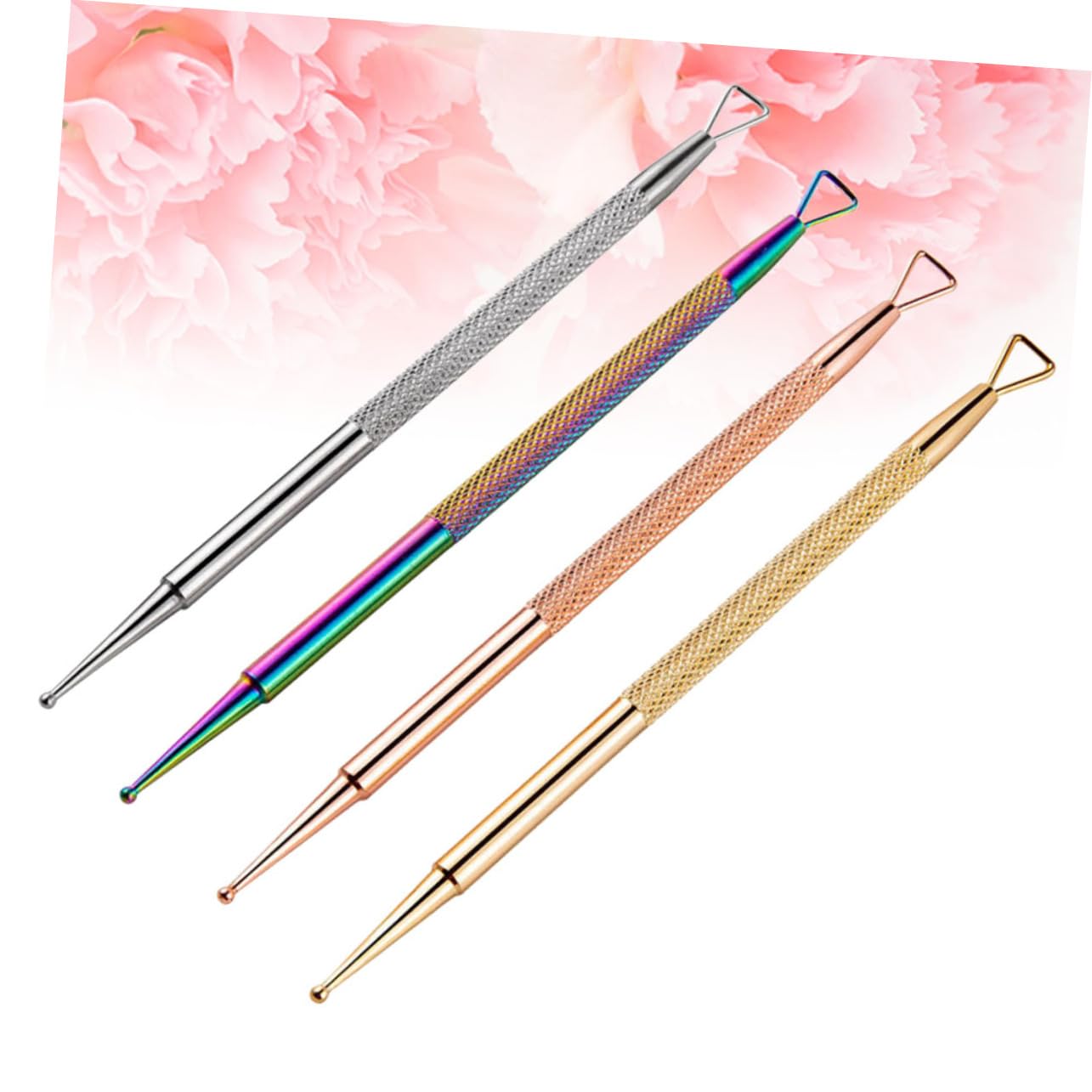 BELLIFFY Professional Nail Art Tools 4pcs Double-ended Cuticle Pusher Peeler Gel Polish Remover Rose Dotting Pen for Nail Art