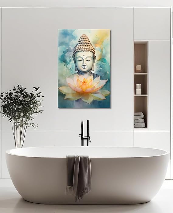 KPLUNDO Buddha Wall Art Lotus Canvas Print Zen Picture Wall Decor Meditation Painting Relax Artwork for Bathroom Living Room Bedroom Office Home Decor Frame(Art-1,12.00x18.00 inch)