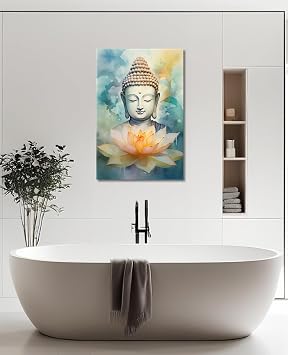 KPLUNDO Buddha Wall Art Lotus Canvas Print Zen Picture Wall Decor Meditation Painting Relax Artwork for Bathroom Living Room Bedroom Office Home Decor Frame(Art-1,12.00x18.00 inch)