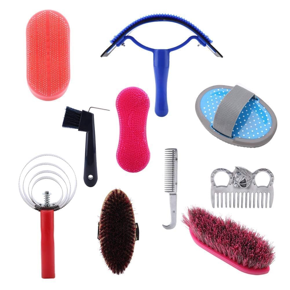 Cyrank Juego de Herramientas de Limpieza de Caballos 10pcs, Juego de Cuidado de Belleza de Caballos, Juego de Cepillo de Caballos, con limpiaparabrisas hooof Pick y Cepillo de picazón Curry Comb Pick