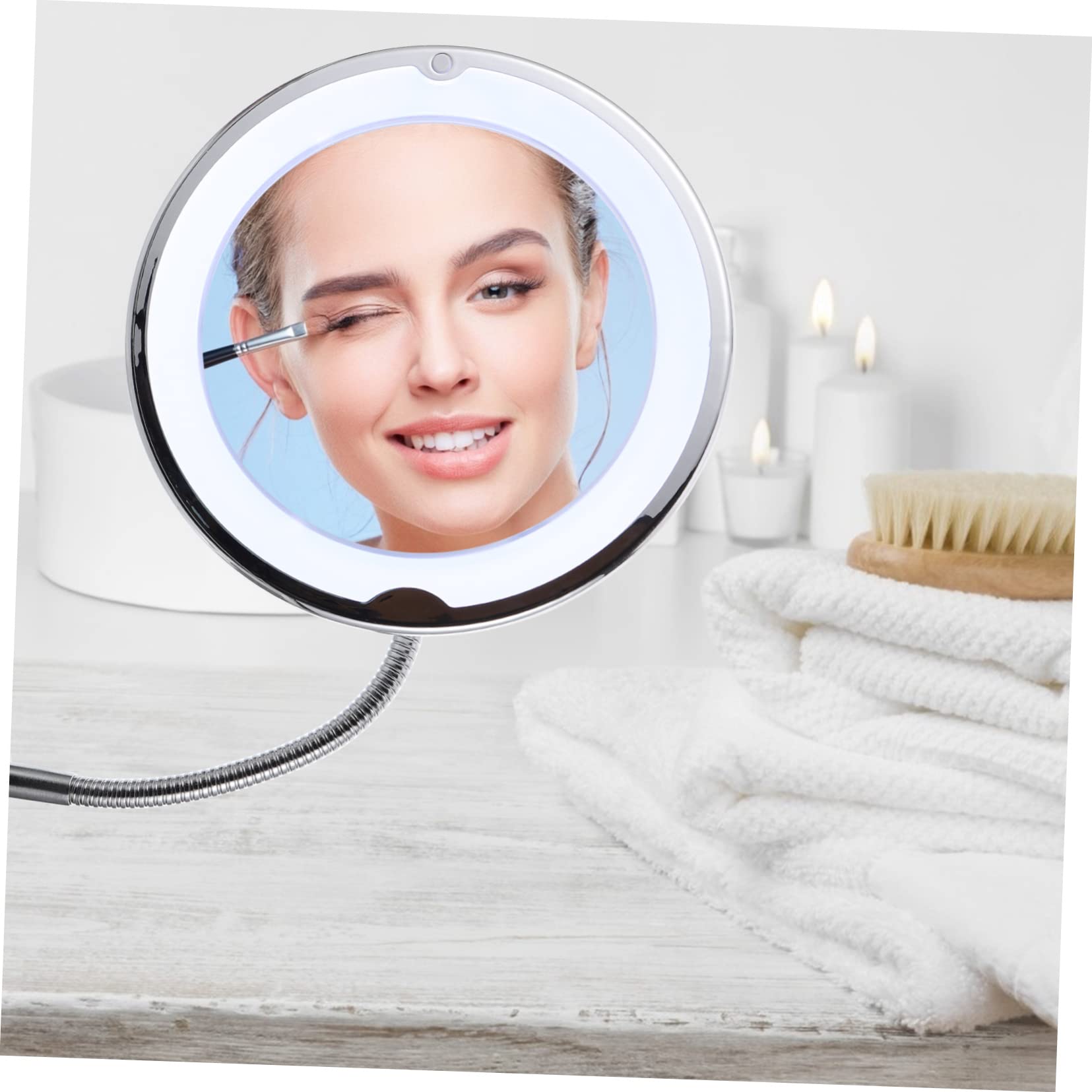Specchio da Trucco LED 10x con Ventosa, Rotazione 360° | Argento, Plastica e Superficie Specchiante, Angolo Regolabile, per Bagno e Zone Poco Illuminate