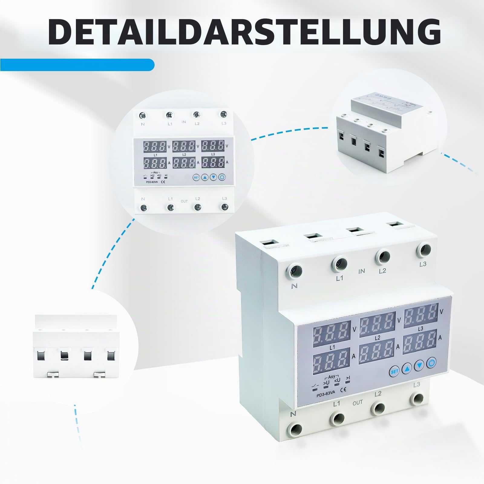 3 Phasen DIN Schienen Voltmeter, Digitales Spannungsüberwachungs Sequenzrelais Stromzähler AC 80-300V 63A, Amperemeter Hutschiene Überspannungs Überstromschutz Automatische Rückstellung Digitalanzeige