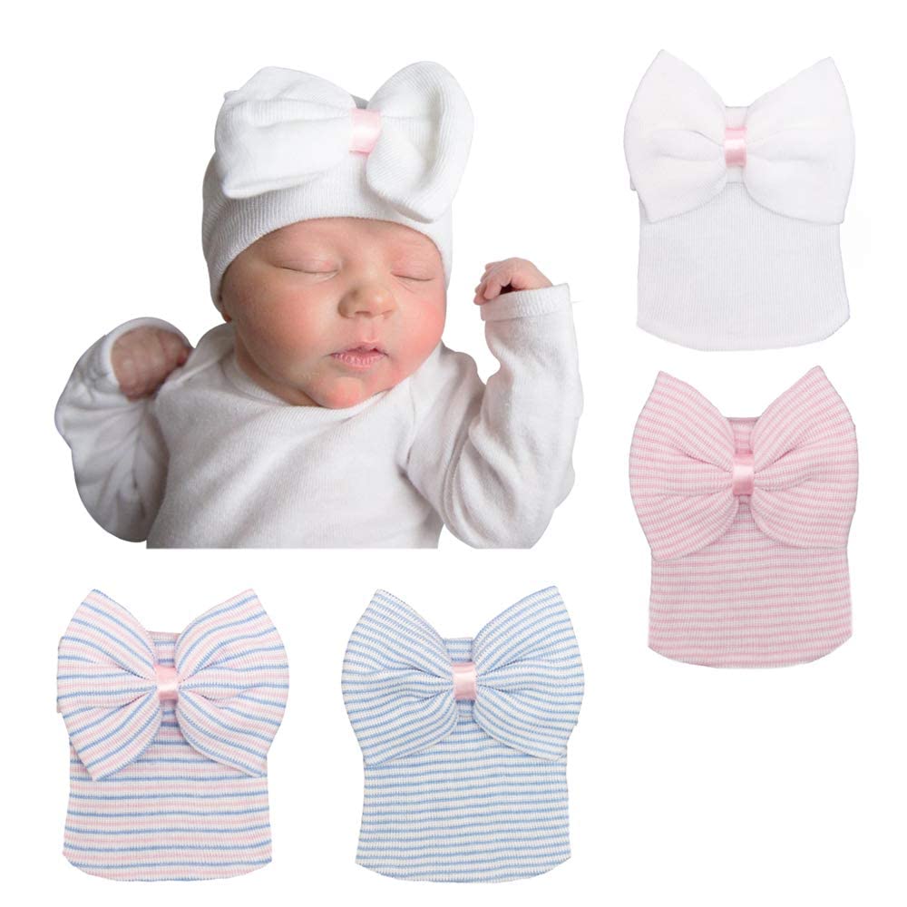 ELECDON Newborn Hat, Newborn Infant Baby Hospital Hat Cap with Bow Knot Nursery Beanie Soft Cute, Blue, White, Pink 4 Pack, First Hat Knit Caps for Baby Girls Boys, 3 Months