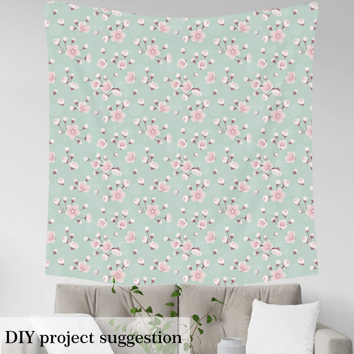 Cherry Flowers Fabric by The Yard,Spring Blossom Flowers Upholstery Fabric for Chairs,Original Botanical Retro Fabric for Upholstery and DIY Projects,1 Yard,(L92*W150cm),Green Pink - Image 3