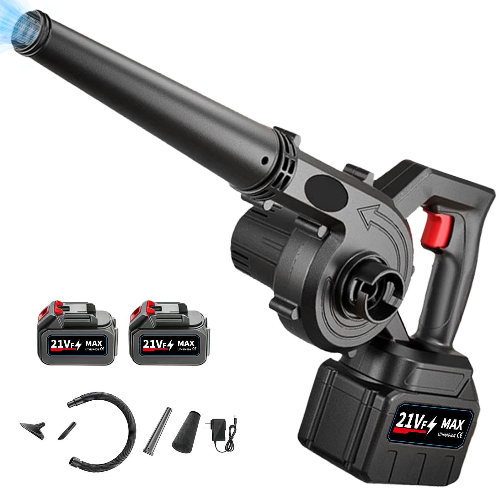 21V Soplador de Hojas con 2 * 3000 mAh Baterías Cargador, Soplador de Hojas Industrial, 18000 TRS/min 4.8m/s, Inalámbrico Sopladora Electrica para Jardín Patio