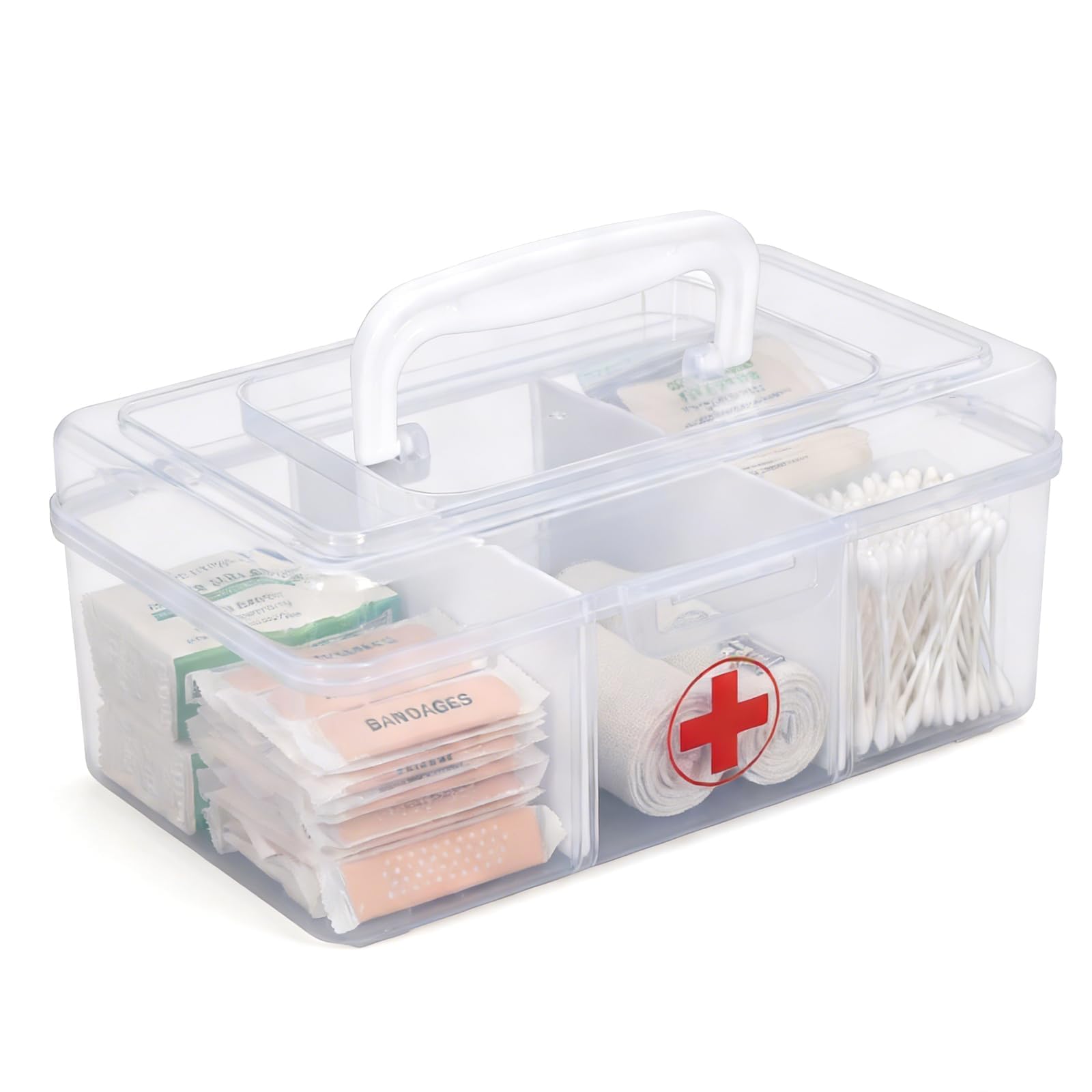 Punorric Medicine Storage Box - Detachable Dividers First Aid Box Empty, Foldable Handle Medical Box & Home First Aid Kit, Transparent Medicine Organiser for Home/Travel/Office-Type A