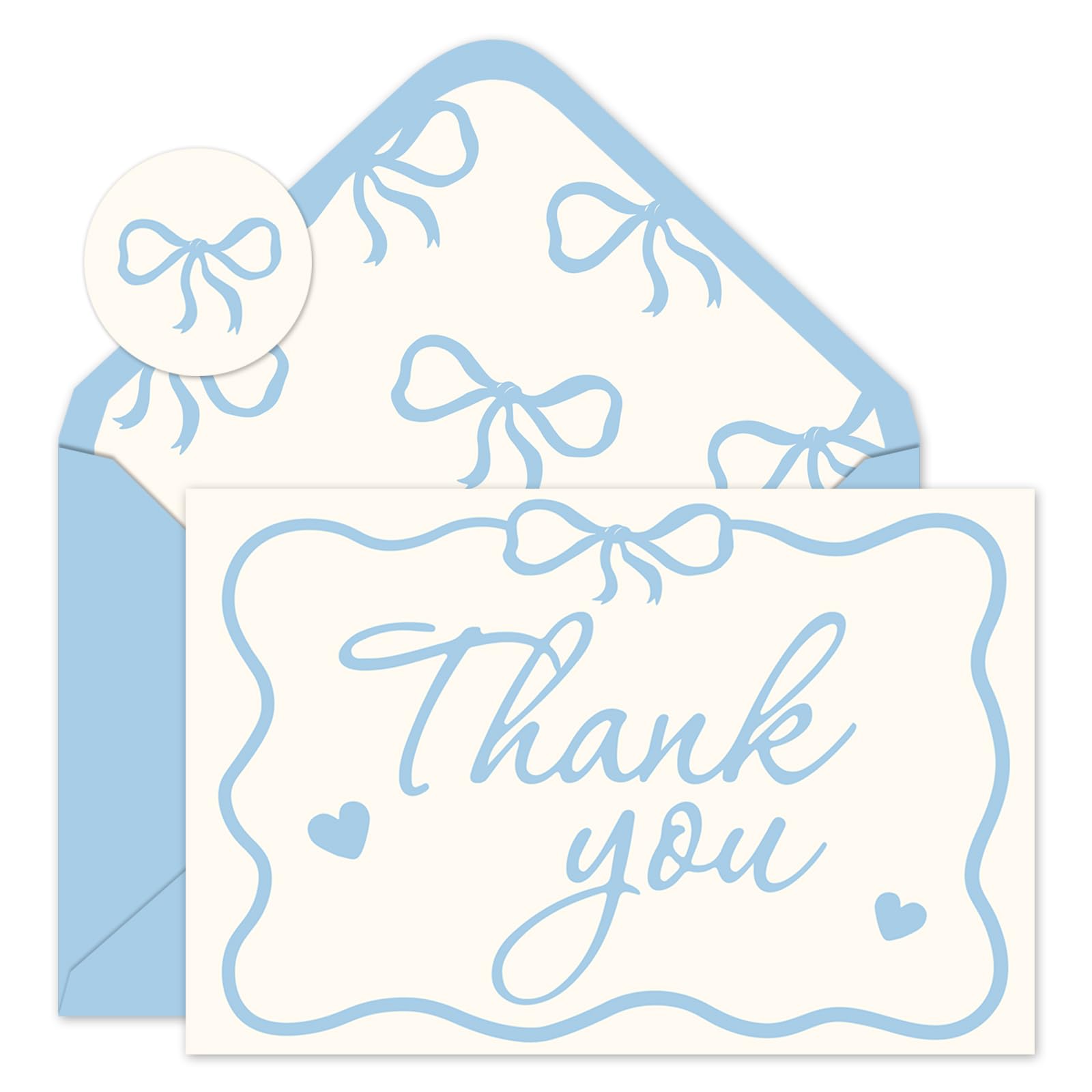 Whaline 24Pcs Blue Bow Thank You Cards with Envelopes Stickers Beige Blue Bowknot Heart Greeting Card Blank Note Card for Party Supplies