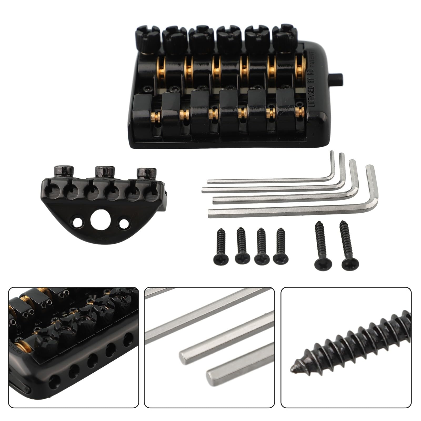 Puente de guitarra eléctrica sin cabeza de 6 cuerdas, sillín fijo con tornillos de tuerca de bloqueo y llaves para piezas de repuesto, color negro
