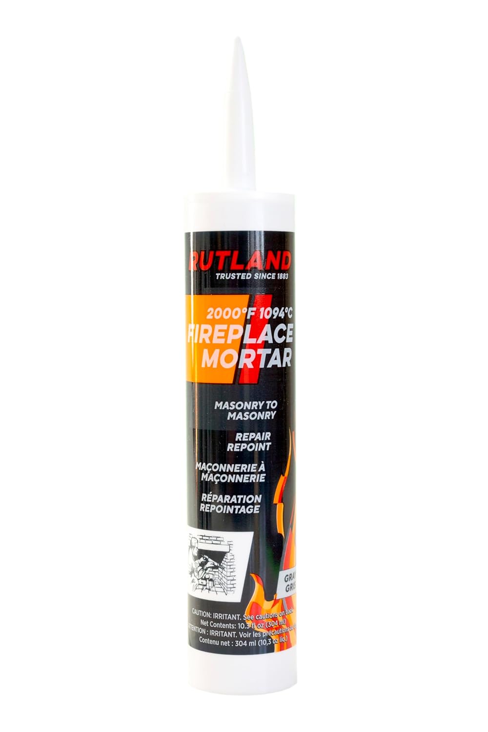 Rutland 10.3 oz High-Temp Fireplace Mortar Cartridge, Gray - 2000°F Firebrick Repair & Bonding