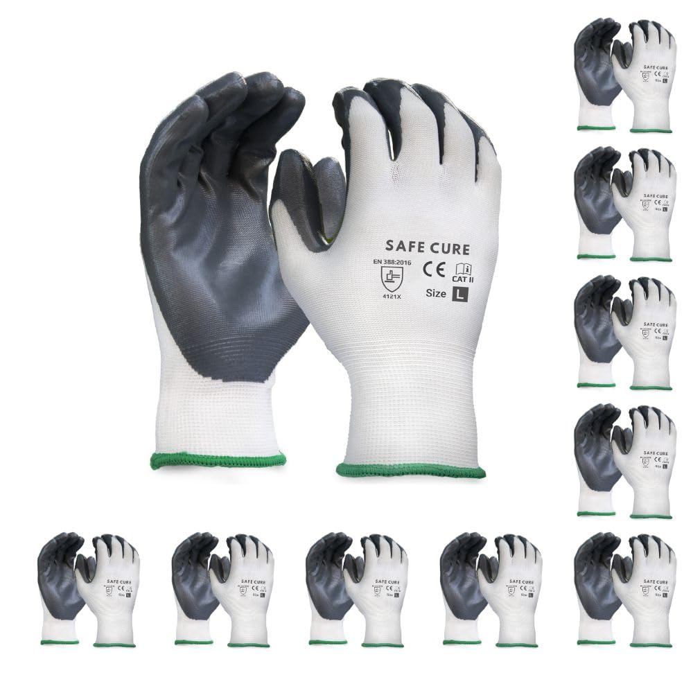 Safe Cure Nitrile Safety Gloves for Men – Pack of 10 Pairs | Industrial, Construction, Gardening, Farming, Glass & Metal Handling | Cut Resistant Nylon Hand Gloves – White