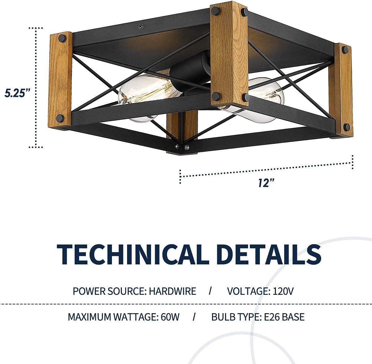 Flаѕh Dеаlѕ - 40% оƒƒ HANASS 2-Light Farmhouse Flush Mount Ceiling Light, 12 Square Wood Ceiling Light Fixture, Walnut Wood, Matte Black Finish, MX99983