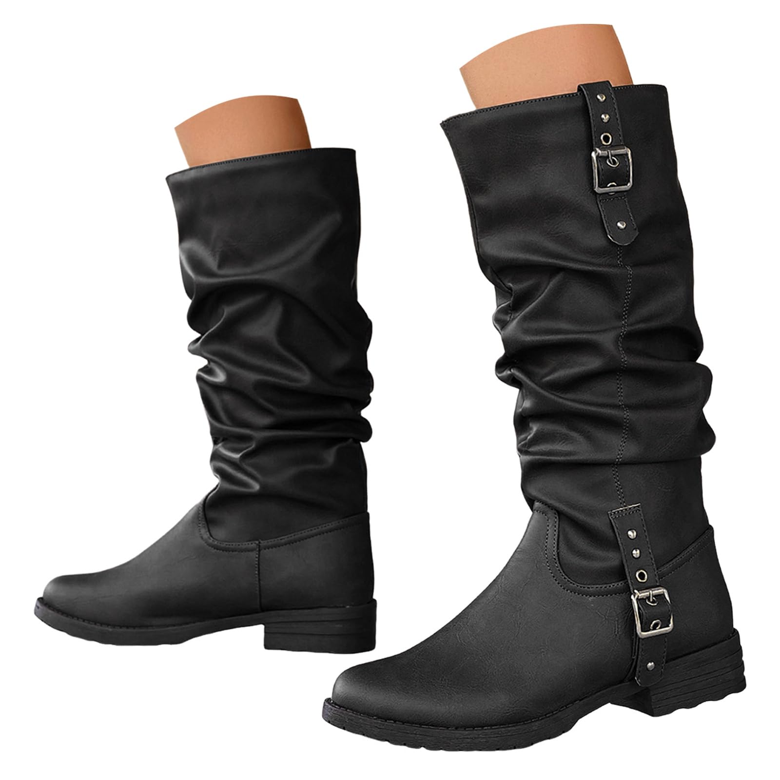 Stivali da cowboy da donna alti arricciati con fibbia laterale, eleganti stivali lunghi al ginocchio, stivali da mezza stagione