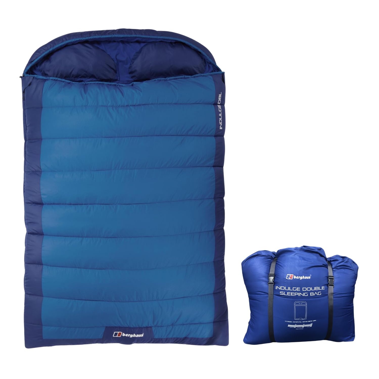 Berghaus Indulge Double Sleeping Bag with Built-in Pillow for Adults, Teens, Kids, 2 People, 2-3 Season, Waterproof (Blue, Double)