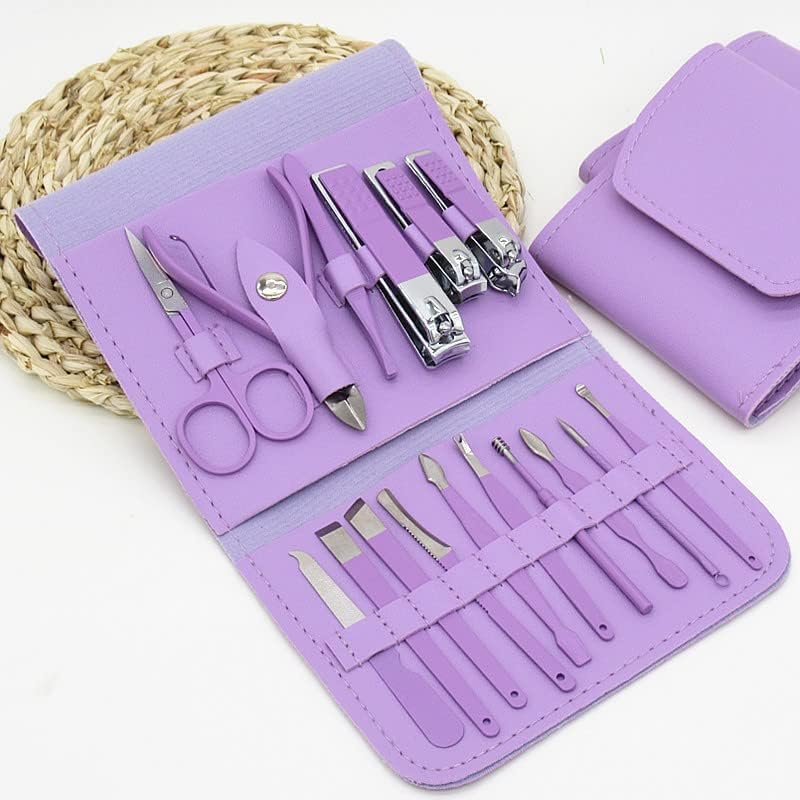 16-Pcs Grooming Kit for Men & Women - Nail Clippers, Toenail Scissors and Manicure Tools in a Leather Travel Case (Purple)-image-5