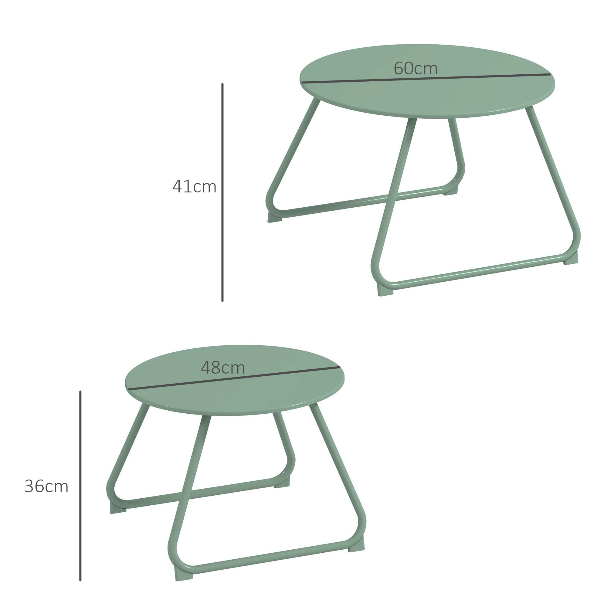 Outsunny Lot de 2 Tables Basses Rondes gigognes empilables de Jardin métal époxy, Table d'Appoint Stable pour extérieur Ø60 et Ø48 cm, Vert