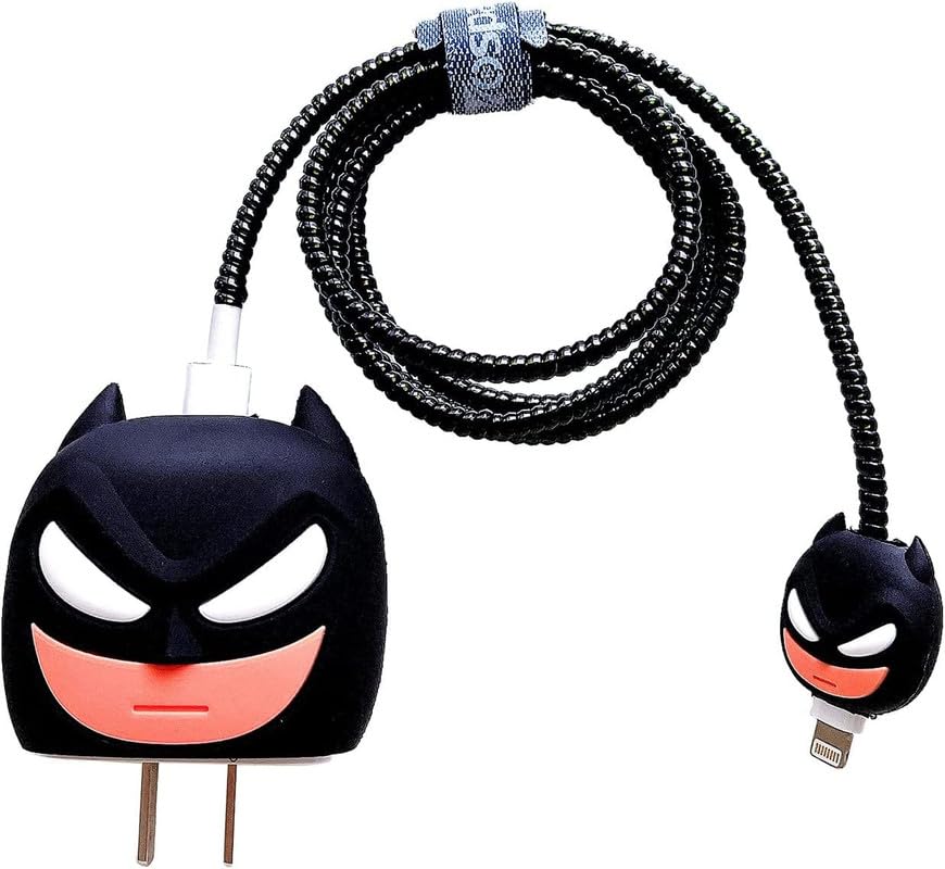 Image of DIVERTS Charger Case Cover 360 Degree Full Protection Cover Funny Cartoon Character Compatible for iPhone 18-20W Silicone Protective Charger Cover Cable Protector (Black Bat Design)