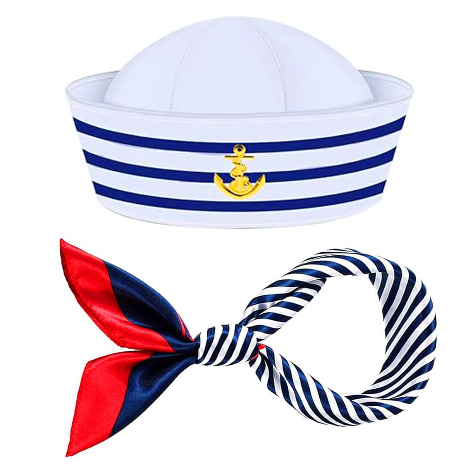 KBSICWO Sailor Hat and Scarf Set for Men Women, Blue White Striped Sailor Captains Hat and Red Edge Blue Bar Square Scarf, Costume Accessory for Cosplay Nautical Themes Party Stage Performance