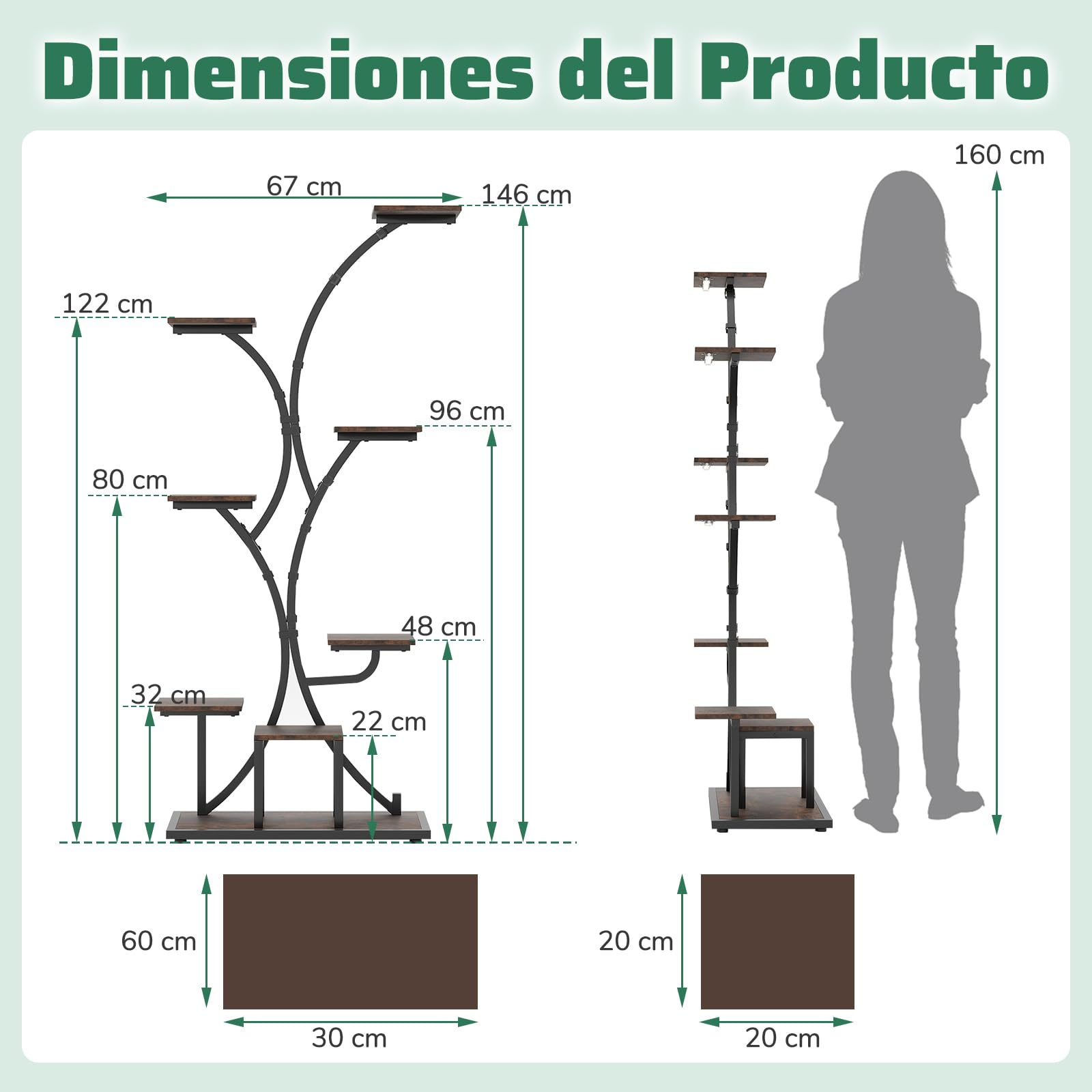 COSTWAY Soporte para Plantas de Interior con Luces de Cultivo, Estante para Plantas de Esquina de 8 Niveles, Soporte para Macetaa para Múltiples Plantas para Sala de Estar Balcón, 67 x 30 x 146 cm (1)