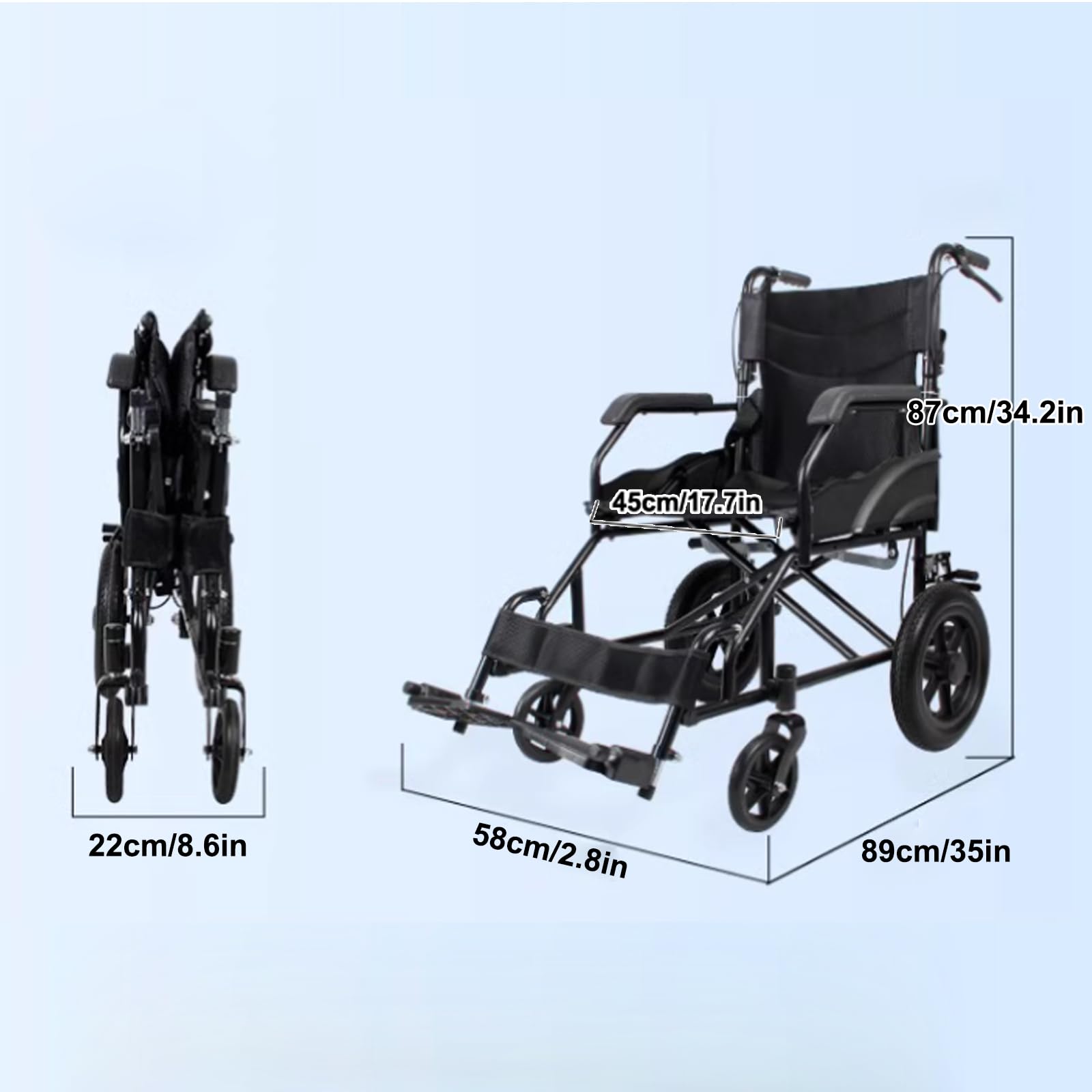 Silla de ruedas plegable autopropulsable, Silla de Ruedas Plegable Ligera Adulto para Exterior,Asiento 45 cm, Dos sistemas de freno(with 11.8-inch Wheels)