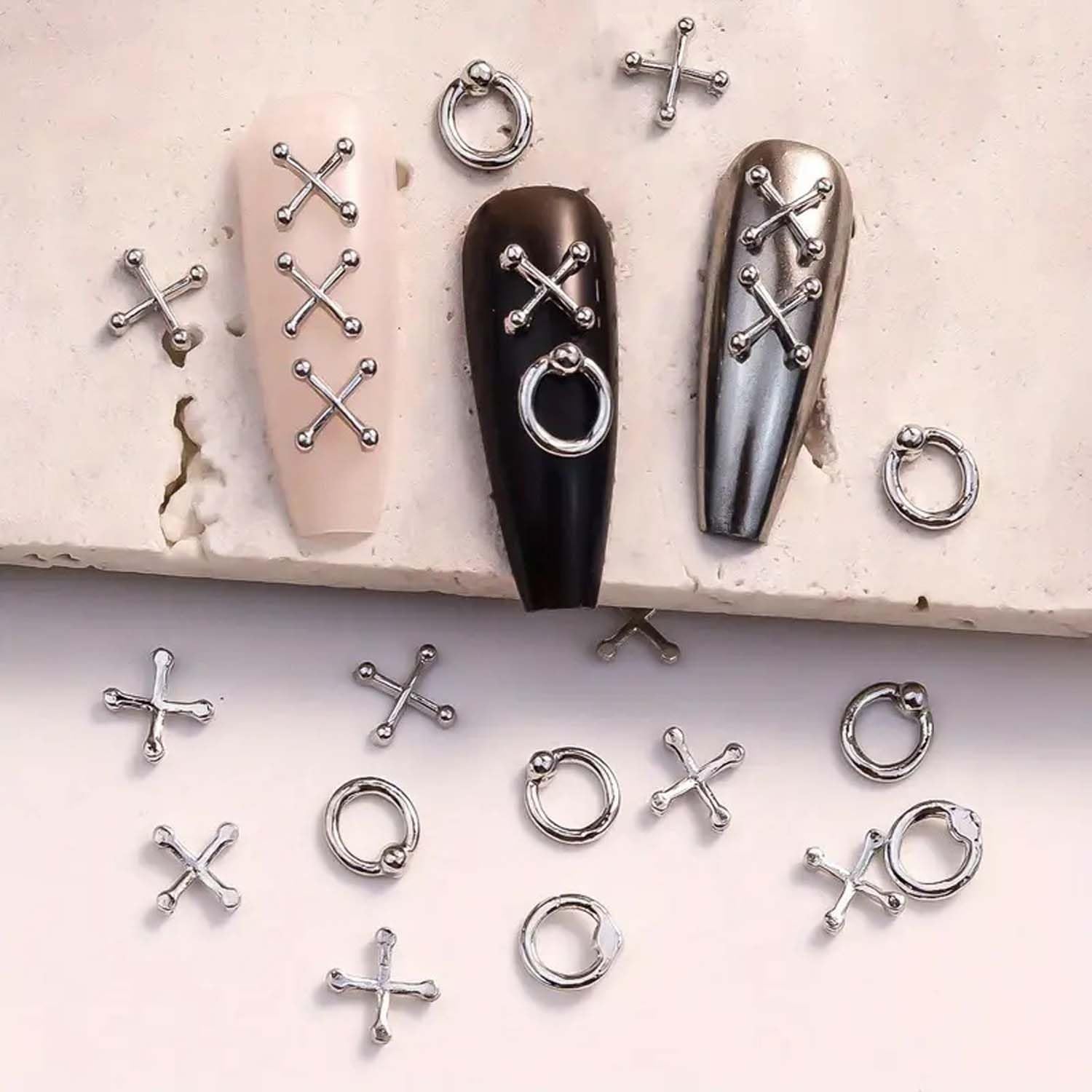 20pcs Metal Cross & Circle Nail Rhinestone Charms - Halloween Punk Style Alloy Nail Art Charm 3D Silver Cross Circle Design Nail Jewelry Halloween Sparkling Nail Supply Accessories for DIY Manicure