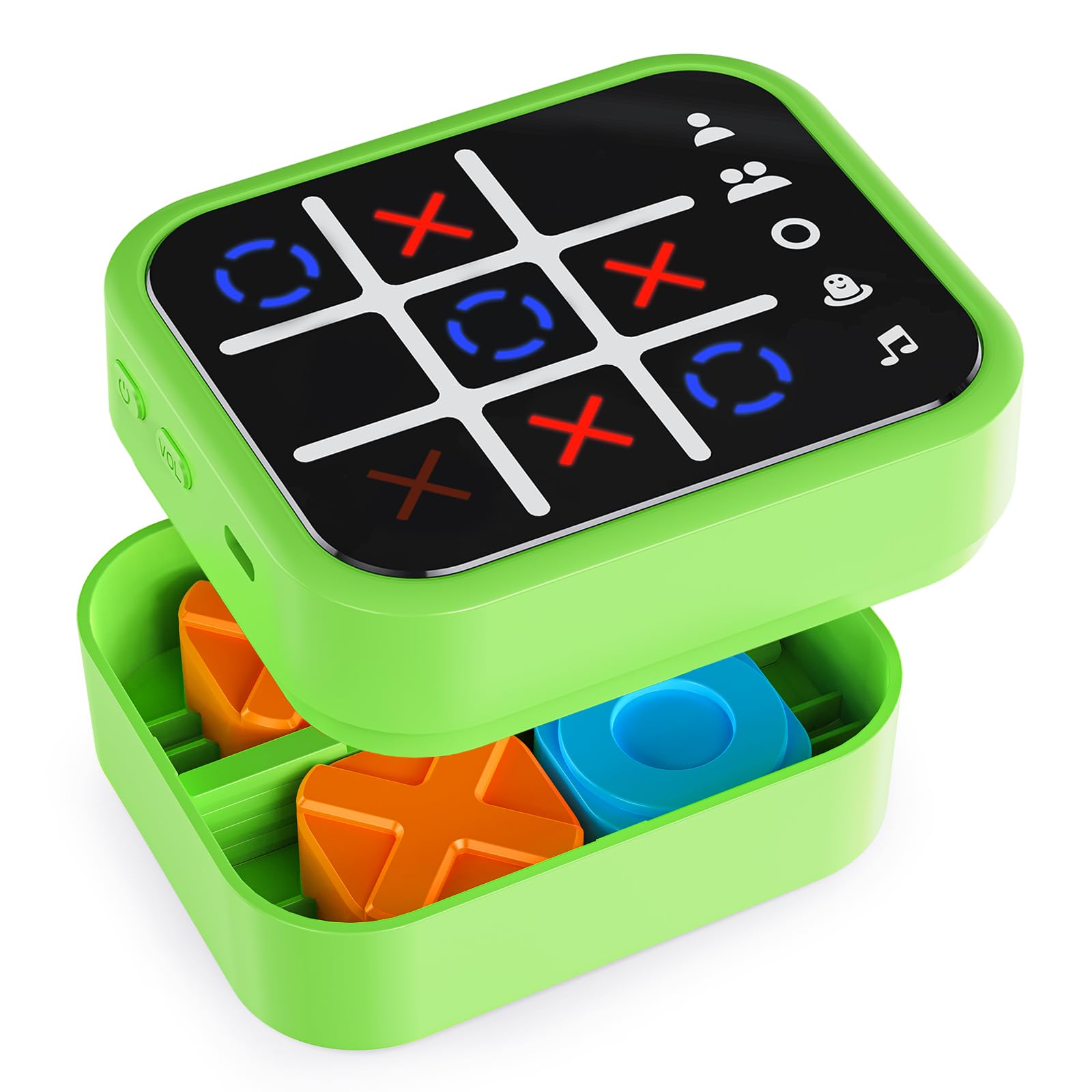 Anoawens Rechargeable Tic Tac Toe Game Box with 5 Fun Brain and Memory Games, Compact Handheld Puzzle Game Console, Portable Travel Game for All Ages 3+ (Green)