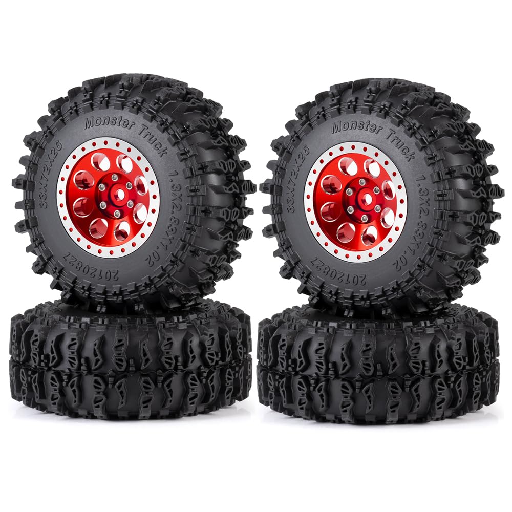 MORLORDY 1.3" Wheel Tires Set - 72mm Soft Sticky Tires and Aluminum Wheel for 1/18 TRX4M 1/24 Axial SCX24 Gladiator Bronco C10 JLU Deadbolt RC Crawler Car (Red)