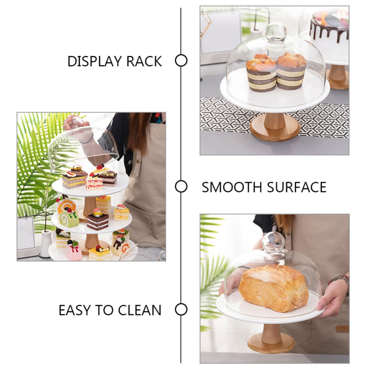 Alzatina per Dolci con Coperchio Grande in Vetro Ceramica | Muffin e Pasticceria, per Matrimoni e Compleanni, Supporto Decorativo in Legno