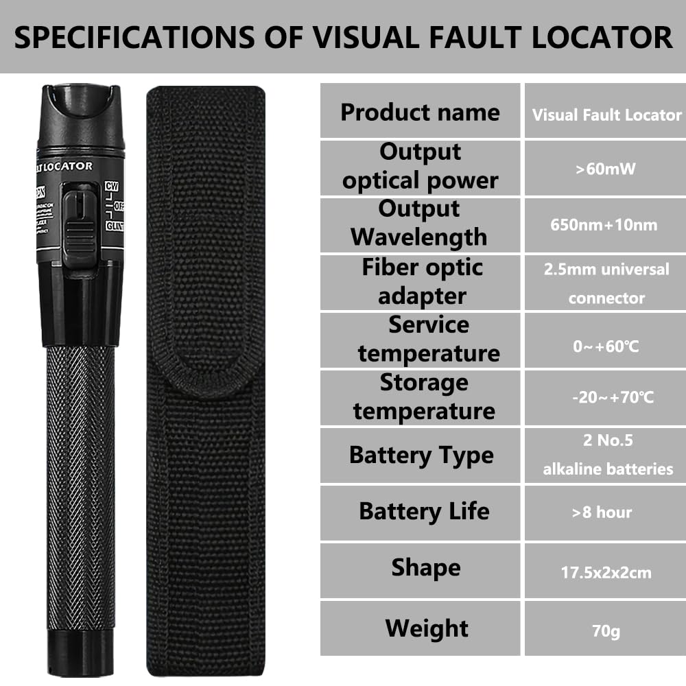 Localisateur visuel de défauts de fibre 60MW, Stylo de Test de Fiber optique, Source de lumière rouge, portée de 60Km, testeur de câble optique, prise en charge des connecteurs FC,SC,ST