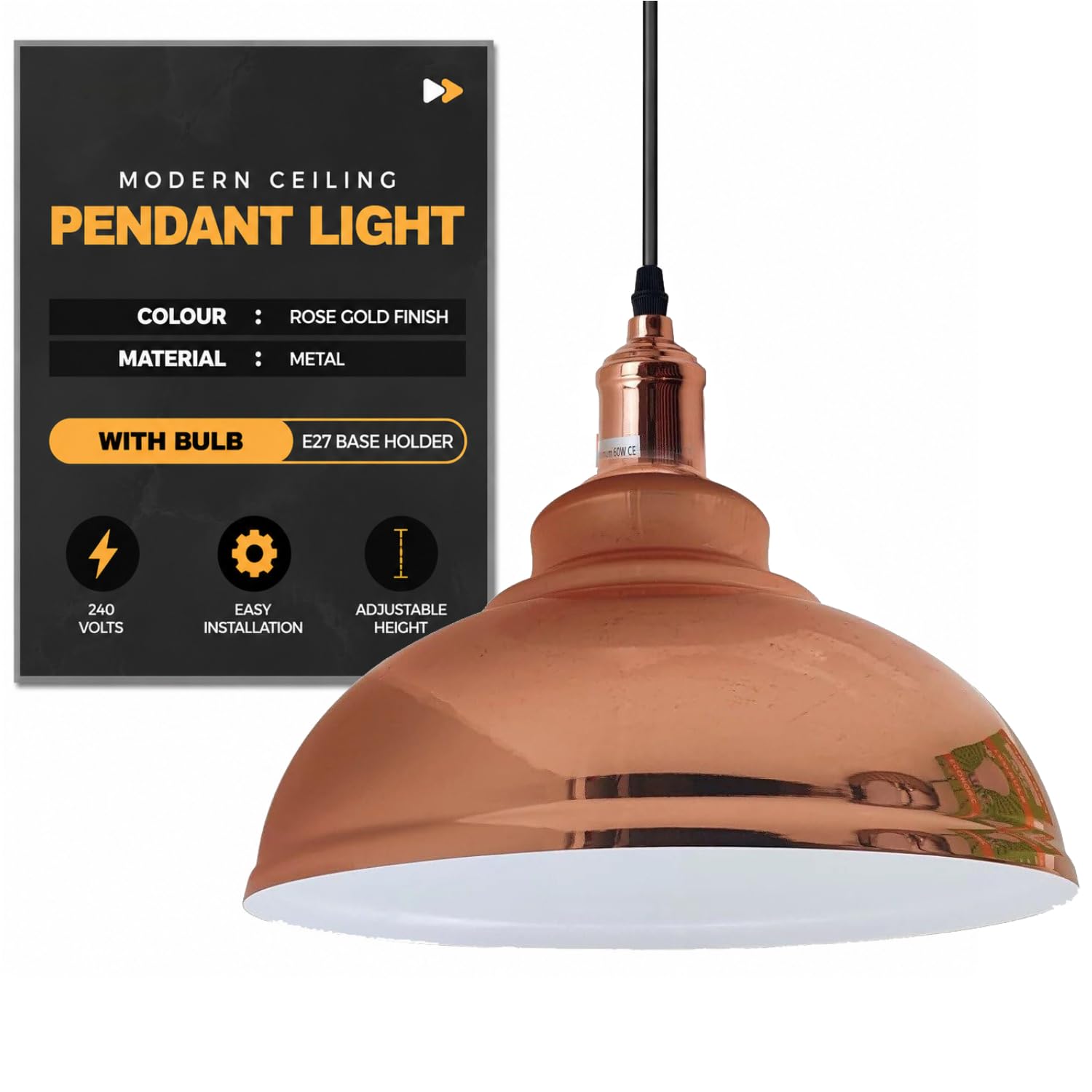 Vintage Curvy Dome Rose Gold Pendant Light 29cm Shade 95cm Adjustable Cord Metal Ceiling Hanging Pendant Light Fixture for Kitchen Island Dining Room Bedroom Hallway Restaurant and Home Decor Styling โ image 1