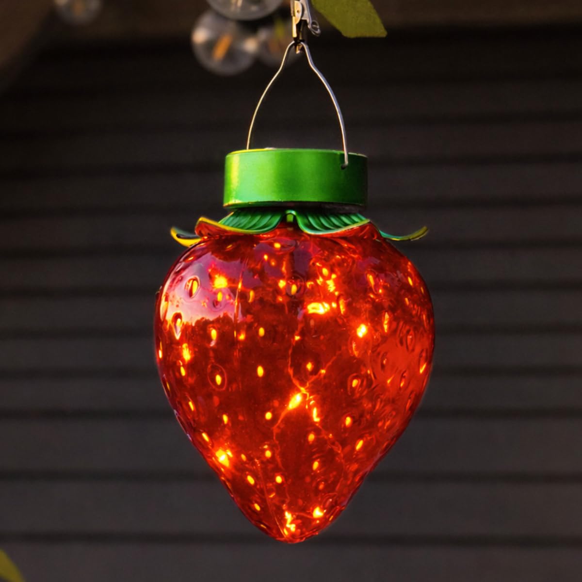 Festive Lights Red, Green - 20Cm Solar Power Strawberry Decorative Outdoor Hanging Led Lantern - Red & Green Garden Novelty Light With 10 Warm White Leds, Rechargeable Battery, Ip44 Rated, Metal Handle Included