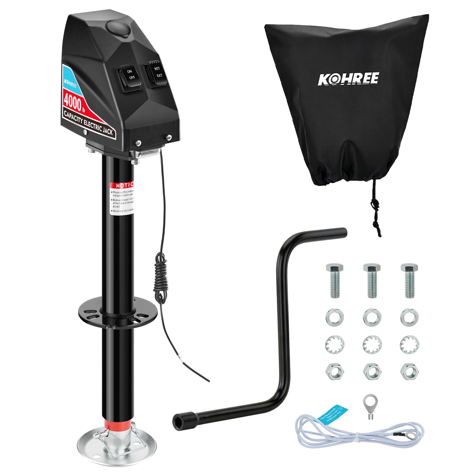 Kohree Electric Trailer Jack 4000lbs, Heavy Duty RV Electric Power Tongue Jack for Travel Trailer A-Frame Camper, with Manual Crank Handle & Weatherproof Cover, 22" Lift, 12V DC with Wiring