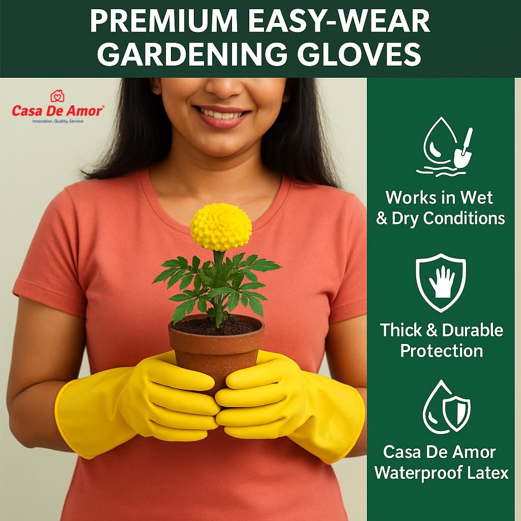 Casa De Amor Long Heavy Duty Latex Rubber Gardening Gloves – Waterproof & Reusable Garden Gloves for Home, Farming, Agriculture & Dairy Use – 0.55mm Thick, Yellow (1 Pair) (16 Inches Length) - Image 7 thumbnail