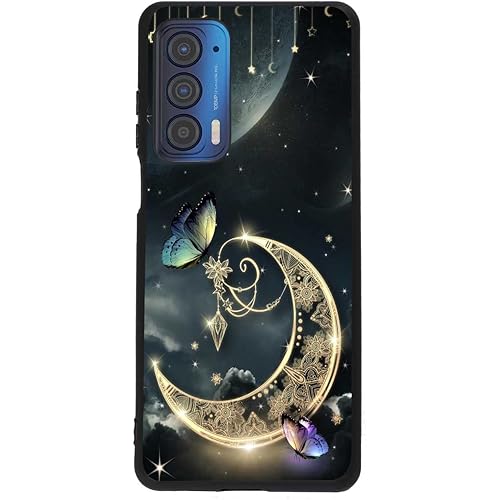 Compatible with Motorola Moto Edge 2021/Edge 5G UW Case, Golden Crescent Mandala Butterfly Stars Graphic Design for Moto Case Men Women,Soft Silicone Stylish Cool Case for Moto