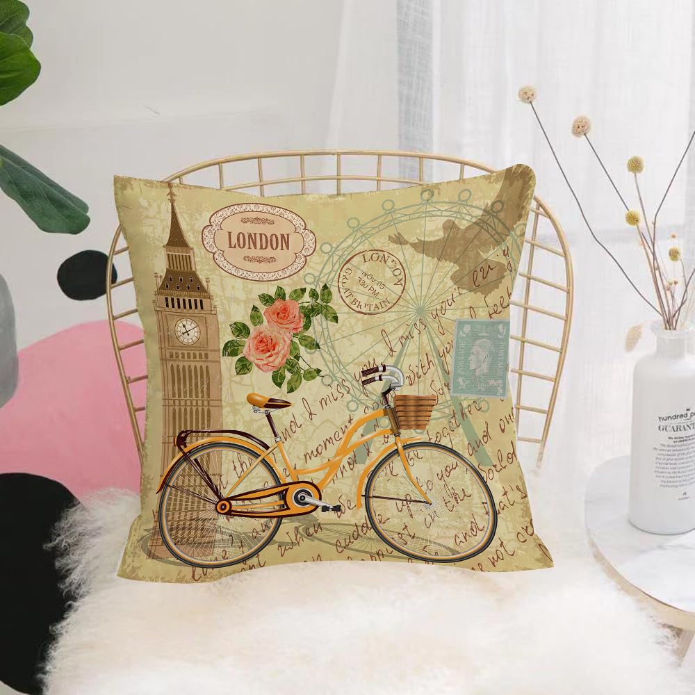 HYMSXW Cushion Cover,Throw Pillow Case Home Decorative for Living Room Bedroom Sofa Chair 20X20 Inch,London, Vintage Design with Big Ben Postage Stamp and Bicycle Blossoming Rose,Pillowcase 50X50cm