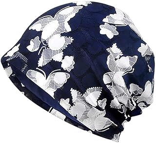 NICEYST Women Floral Lace Beanie Hat Fashion Cancer Chemo Hats Slouchy Skull Cap Muslim Headscarf Turban Bonnet Navy Blue