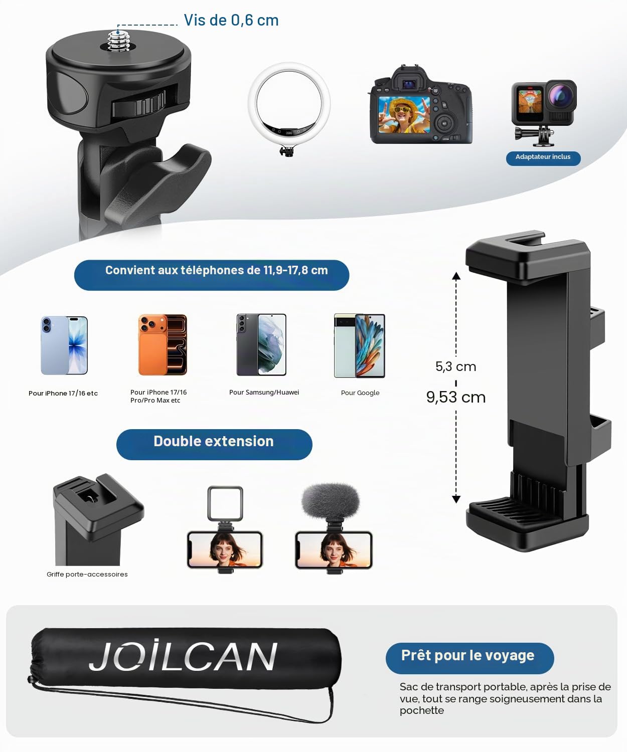 JOILCAN 200cm Trepied Smartphone, Flexibles Trépied Téléphone avec Col de Cygne 25cm & Télécommande, Perche a Selfie Trépied pour iPhone 17/16/Pro Max, Trepied Caméra en Aluminium für DSLR d'action