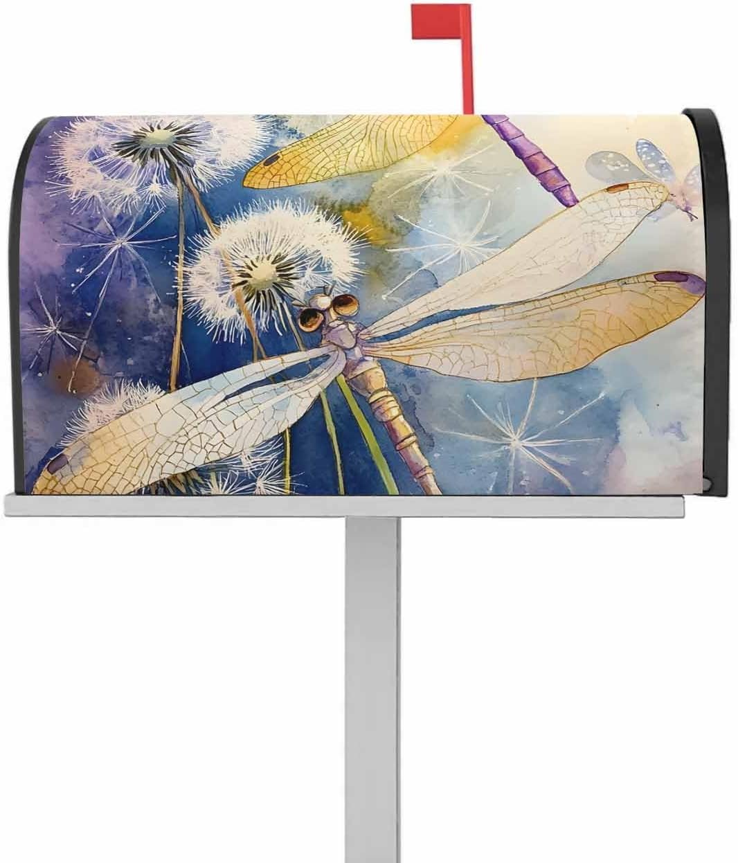 Yellow Dragonfly Mailbox Covers Magnetic Standard Size, Summer Spring Floral Watercolor Decorative Post Letter Numbers Box Wrap Decoration Covers Small Accessories for Garden Yard Outdoor Décor