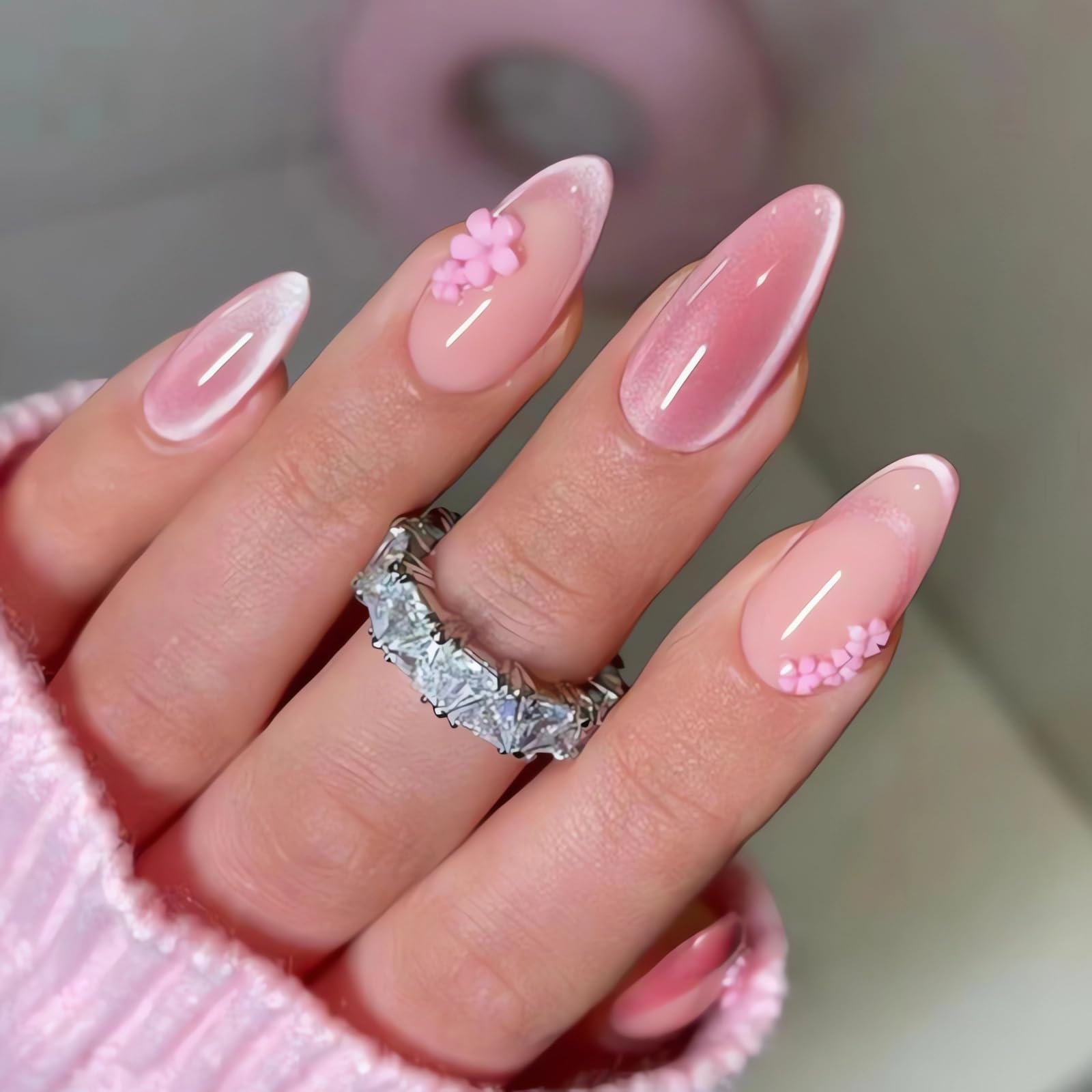 Almond Pink Press on Nails Medium Cat Eyes Fake Nails with Floral Design 3D Spring False Nails Pink French Tip Nails Glossy Gel Acrylic Nails Cute