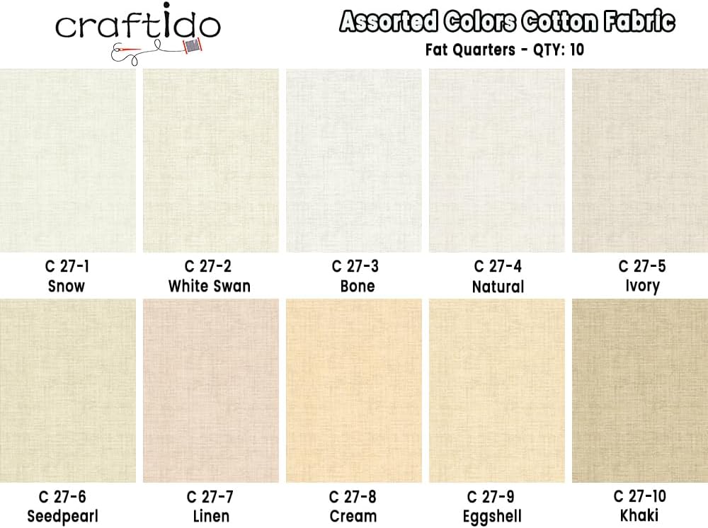 Craftido - 11 Options Solids with Tweed Tonals - Assorted Color Cotton Quilting Fabric Bundles 10pcs Fat Quarters 18"x21" - Medium Weight 5.2oz - for Quilting, Sewing and Crafts - Not Quite White