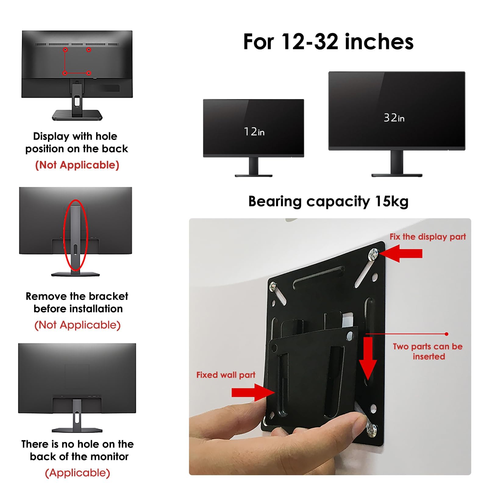 14-27 Inch Monitor Wall Mount for Caravan Motorhome Camper Van Small TV Wall Bracket for LED/LCD/OLED/Plasma Screens TV up to 30lbs Ultra Slim Fixed VESA Mount 75x75 100x100 Replacement Stand - Image 3