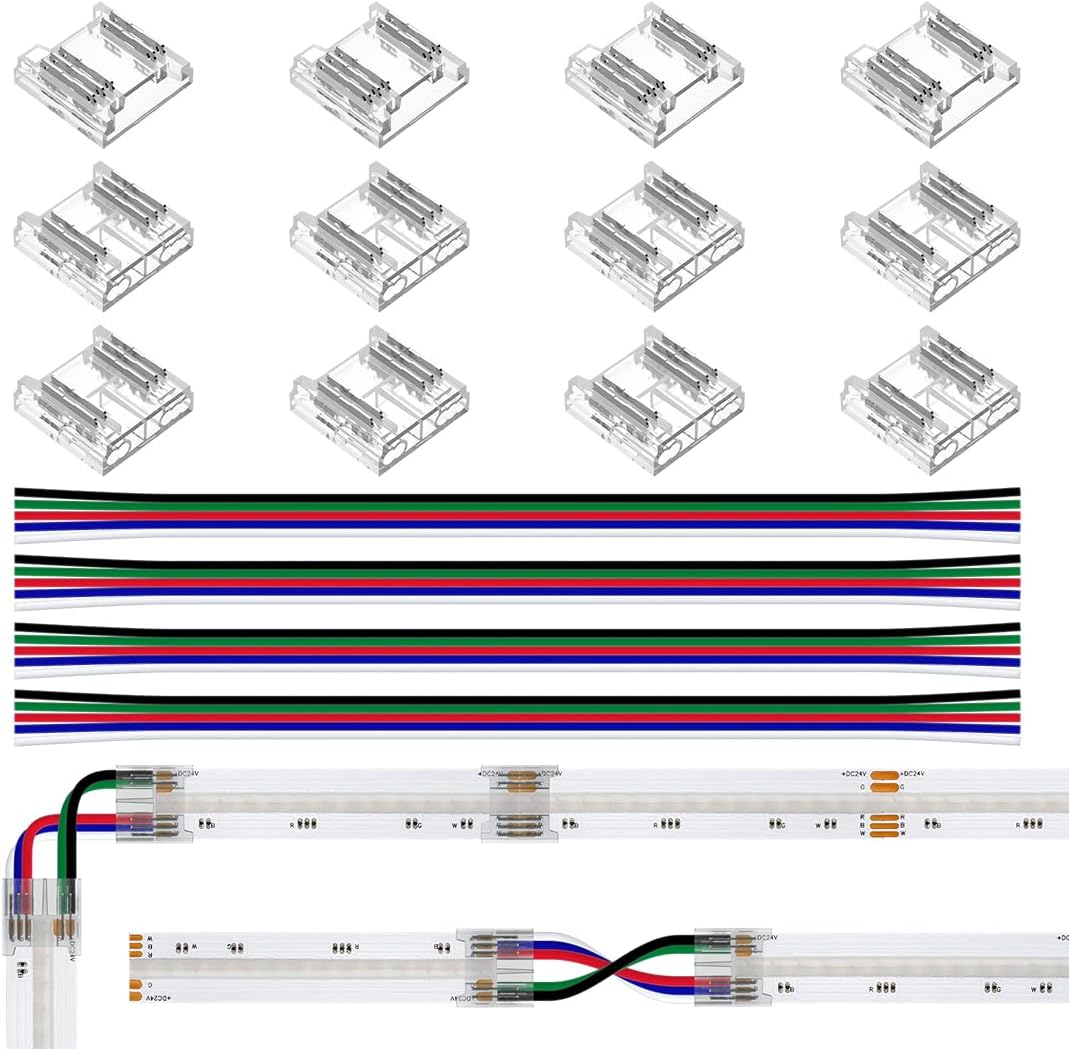 BTF-LIGHTINGFCOB 5Pin 12mm 0.47in Width Transparent Connector Kit 8pcs Strip to Wire 4pcs Gapless Solderless Connectors 4pcs 5.9in Long 24AWG Extension Wires Support COB RGBW (+ R G B W) LED Strip