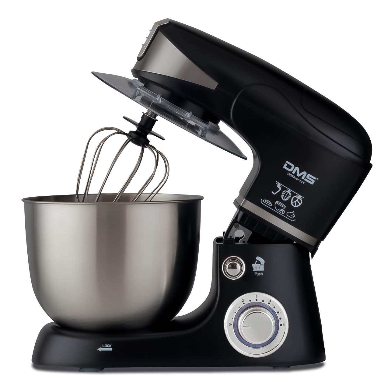 DMS 3 in 1 Küchenmaschine Rührmaschine 5 Liter Knetmaschine Edelstahlschüssel Spritzschutz StandMixer Ice Crusher Fleischwolf Teigkneter 6-stufige Geschwindigkeit 1700 Watt KMFB-1700 (Schwarz)