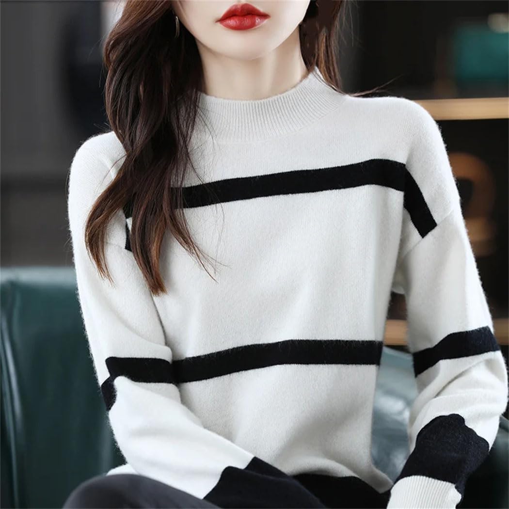 Women's Winter Soft Pullover 100% Wool Sweater Mock Neck Striped Comfortable Top Loose Warm Knitted Jumper
