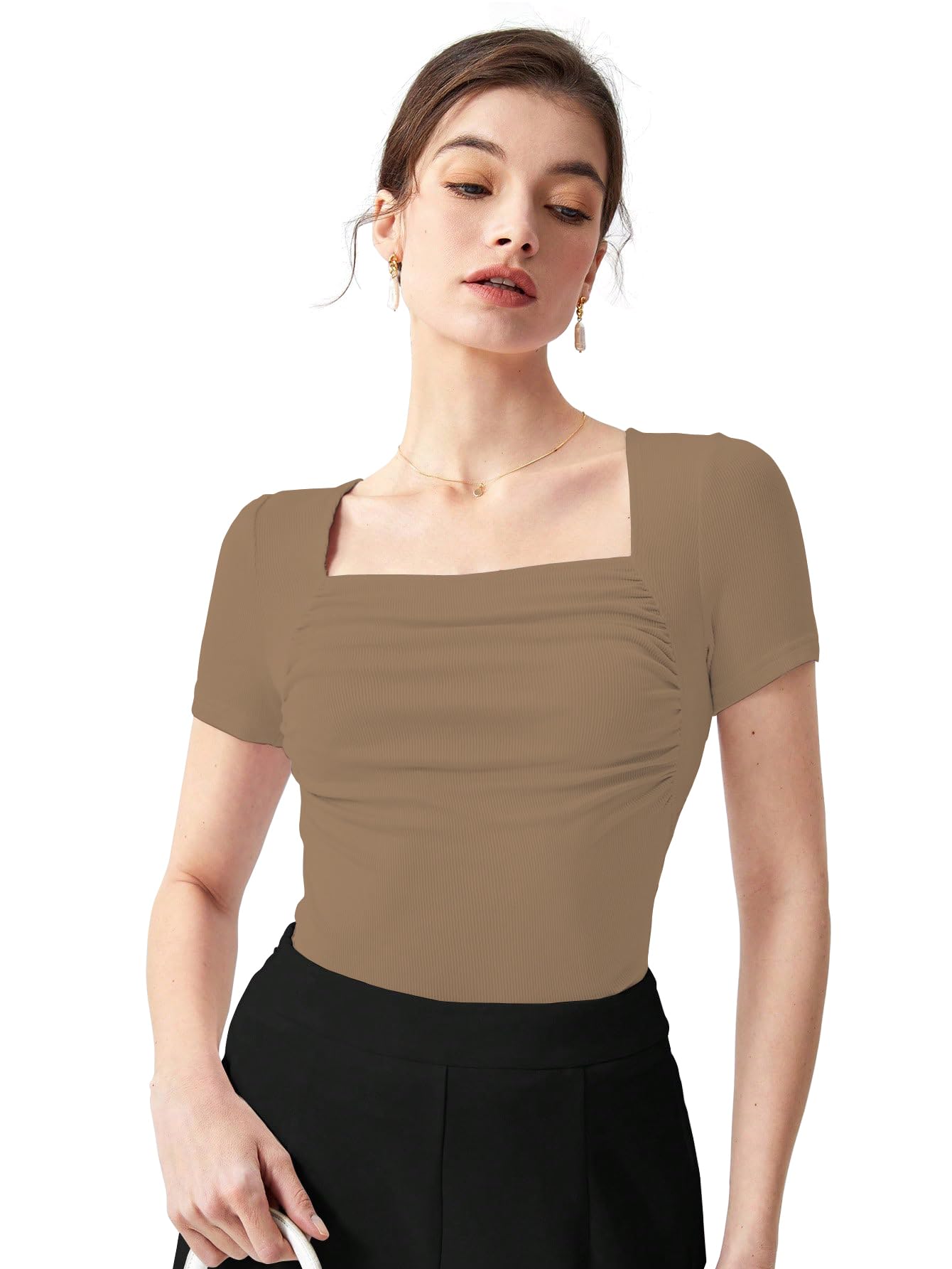 shasmi Women's & Girl's Polyester Summer Square Neck Solid Color Ruched Tee Workwear Pleated Casual Regular Fit T-Shirt-picture-13