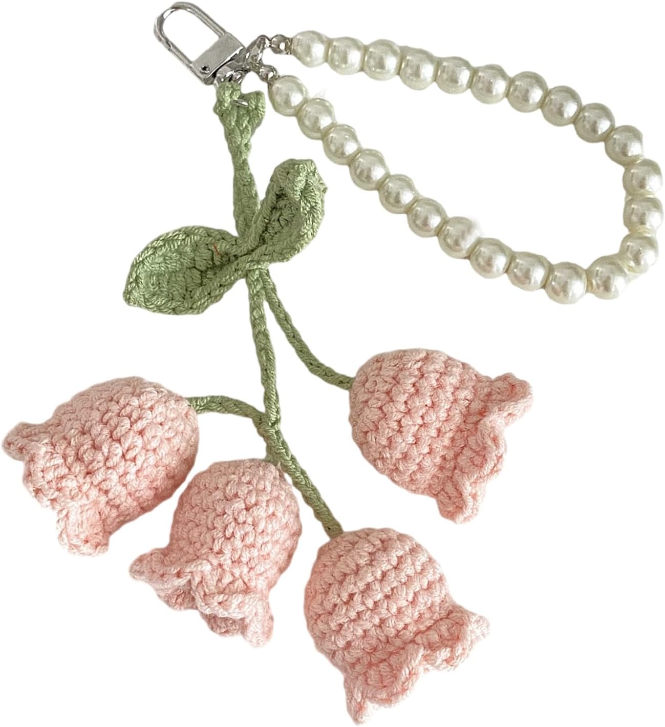 Crocheted Flower Keyring Unique Pearls Bead Chain Keychain Colorful Knitted Bag Pendant Accessory for Fashion Lover